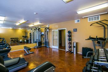 Fully equipped gym with free weights at apartments on Ladera and Unser